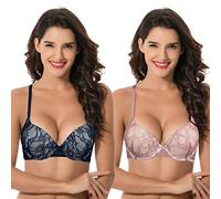 Curve Muse Women's Plus Size Push Up Add 1 Cup Underwire Perfect Shape Lace Bras-2PK-Red,Dark Blue-40DD (EU:90E)