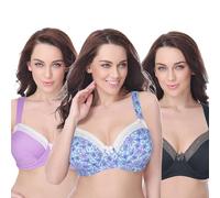 Curve Muse Women's Plus Size Underwired Unlined Balconette Cotton Bra-3Pack-Dark Gray,Lavender,Blue Print-46D (EU:105D)
