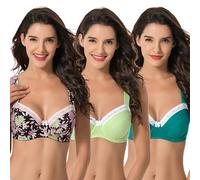 Curve Muse Women's Plus Size Underwired Unlined Balconette Cotton Bra-3Pack-Dark Green,Lemon,Black Print-36D (EU:80D)
