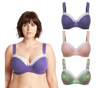 Curve Muse Women's Plus Size Underwired Unlined Balconette Cotton Bra-3Pack-Lt Pink,Purple,Print Green-48C (EU:110C)