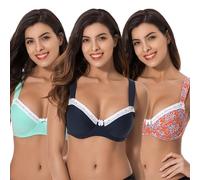 Curve Muse Women's Plus Size Underwired Unlined Balconette Cotton Bra-3Pack-Navy,Lt Green,Orange Print-48C (EU:110C)