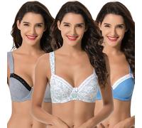 Curve Muse Women's Plus Size Underwired Unlined Balconette Cotton Bra-3Pack-White Print,Blue,Cool Gray-44DDD (EU:100F)