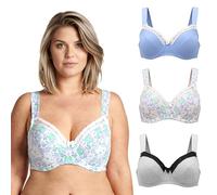 Curve Muse Women's Plus Size Underwired Unlined Balconette Cotton Bra-3Pack-White Print,Blue,Cool Gray-48B (EU:110B)
