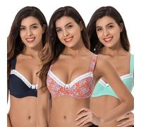 Curve Muse Women's Plus Size Unlined Balconette Cotton Bra-2 or 3Pack, Navy,light Green,orange Print(3 Pack), 46C