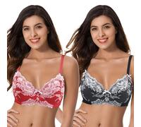 Curve Muse Women's Plus Size Unlined Semi-Sheer Balconette Underwire Lace Bra-2PK-Black,Red-36DD (EU:80E)