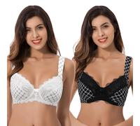 Curve Muse Women's Plus Size Unlined Underwire Lace Bra with Cushion Straps-2PK-Cream Print,Black Print-Size:42DD (EU:95E)