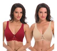 Curve Muse Women's Plus Size Unlined Underwire Lace Bra with Cushion Straps-2PK, Dark Red,nude(2 Pack), 38D