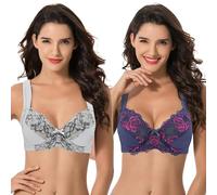Curve Muse Women's Plus Size Unlined Underwire Lace Bra with Cushion Straps-2PK, Light Grey,navy(2 Pack), 42C