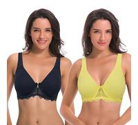Curve Muse Women's Plus Size Unlined Underwire Lace Bra with Cushion Straps-2PK-Navy,Light Yellow-48DD (EU:110E)-V2