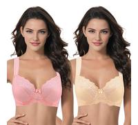 Curve Muse Women's Plus Size Unlined Underwire Lace Bra with Cushion Straps-2PK-Pink Print,Nude-Size:42C (EU:95C)