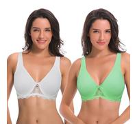 Curve Muse Women's Plus Size Unlined Underwire Lace Bra with Cushion Straps-2PK-White,Green-34C (EU:75C)