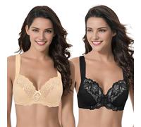 Curve Muse Women's Plus Size Unlined Underwire Lace Bra with Cushion Straps-Black,Nude-Size:34DD (EU:75E)