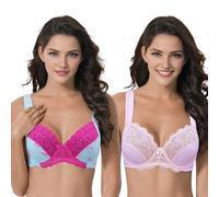 Curve Muse Women's Plus Size Unlined Underwire Lace Bra with Cushion Straps-Blue Print,Light Pink-Size:34DDD (EU:75F)