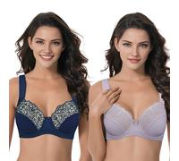Curve Muse Women's Plus Size Unlined Underwire Lace Bra with Cushion Straps-Navy,Mauve-Size:34D (EU:75D)