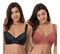 Curve Muse Women's Plus Size Unlined Underwire Lace Bra with Cushion Straps-Rose,Black-Size:46B (EU:105B)