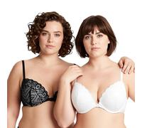 Curve Muse Womens Push Up Add 1 and a half Cup Underwire Halter Front Close Bras, Black,cream(2 Pack), 40D