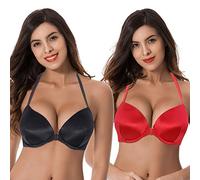 Curve Muse Womens Push Up Add 1 and a Half Cup Underwire Halter Front Close Bras, Black,red(2 Pack), 38D