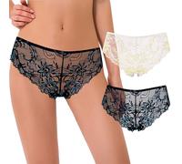 Curve Muse Women's Tanga Thongs Hipsters Underwear Floral Lace Panties-2 Pack-Black/Blue,White/Yell-XL