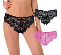 Curve Muse Women's Tanga Thongs Hipsters Underwear Floral Lace Panties-2 Pack-Hot Pink,Black-M