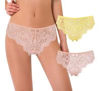 Curve Muse Women's Tanga Thongs Hipsters Underwear Floral Lace Panties-2 Pack-Yellow,Pink-L
