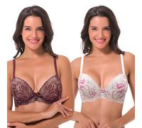 Curve Muse Women's Underwire Plus Size Push Up Add 1 and a Half Cup Lace Bras -2PK-Mauve/Rose Gold,Lime Cream/Hot Pink-44B (EU:100B)