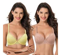 Curve Muse Women's Underwire Plus Size Push Up Add 1 and a Half Cup Lace Bras -2PK-Pink,Yellow-44D (EU:100D)