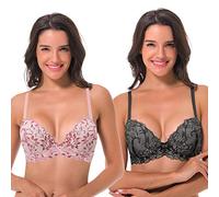 Curve Muse Women's Underwire Plus Size Push Up Add 1 and a Half Cup Lace Bras-2PK-WHITE/RED,BLACK/GREY-40DD