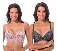 Curve Muse Women's Underwire Plus Size Push Up Add 1 and a Half Cup Lace Bras -2PK-White/Red,Black/Grey-36DDD (EU:80F)