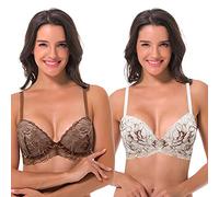 Curve Muse Women's Underwire Plus Size Push Up Add 1 and a Half Cup Lace Bras, Cream/Brown,brown/Rose Gold(2 Pack), 44C