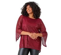 Roman Curve Sheer Sleeve Sequin Top for Women UK - Ladies Autumn Everyday Winter Holiday Round Neckline Comfy All Over Shine Soft 3/4 Sleeve Blouse Dinner Date Shirts - Red - Size 20