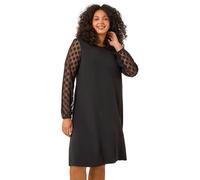 Roman Curve Spot Stretch Mesh Swing Dress for Women UK - Ladies Everyday Autumn Winter Round Neckline Comfy Soft Evening Vacation Work Party Night Out - Black Plus - Size 22