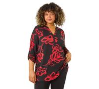Roman Curve Stretch Jersey Floral Top for Women UK - Ladies Everyday Autumn Winter V-Neckline Comfy Soft Evening Vacation Work Party Night Out - Red Plus - Size 18