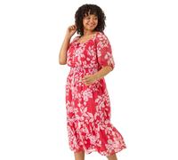 Roman Curve Tropical Print Tie Neck Midi Dress for Women UK - Ladies Spring Everyday Summer Holiday Short Sleeve Soft Swing Comfy Floral Frock Dinner Date Gowns - Pink - Size 20