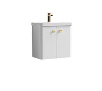 Curve Wall Hung 2 Door Vanity Basin - 600mm - Gloss White with Brushed Brass Drop Handles (Tap Not Included)