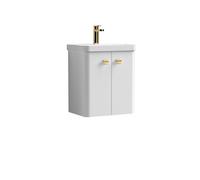 Curve Wall Hung 2 Door Vanity Basin Unit - 500mm - Gloss White with Brushed Brass Drop Handles (Tap Not Included)