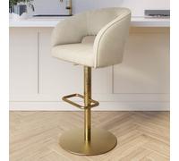 Set Of 2 Curved Beige Fabric Adjustable Swivel Bar Stool with Gold Base - Runa
