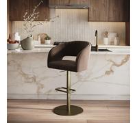 Set of 3 Curved Brown Velvet Adjustable Swivel Bar Stools with Brass Base - Runa