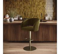 Set of 2 Curved Olive Green Velvet Adjustable Swivel Bar Stools with Brass Base - Runa