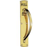 Curved Right Handed Door Pull Handle Engraved with 'Pull' Polished Brass