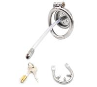 Curved Ring Flat Chastity Cage with Urethral Plug and Anti-Off Ring, Stainless Steel Chastity Device for Men Cross-Dressing Role Play - HA10 (Z:Silicone Rod, 40mm Curved Ring)