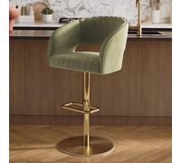 Curved Sage Green Velvet Adjustable Swivel Bar Stool with Gold Metal Base - Runa