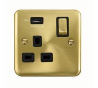 Curved Satin / Brushed Brass 1 Gang 13A Dp Ingot 1 Usb Switched Plug Socket - Black Trim - Se Home