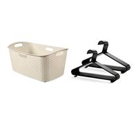 Curver 00745-885-00 "My Style" Clothes Basket, Cream, 60 x 39 x 28 cm & KEPLIN Adult Plastic Coat Hangers - 25pk, Black Colour, Strong Clothes Hangers