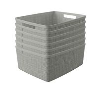 Curver Jute Decorative Plastic Organization and Storage Basket Perfect Bins for Home Office, Closet Shelves, Kitchen Pantry and All Bedroom Essentials, Set of 6, Grey, Medium