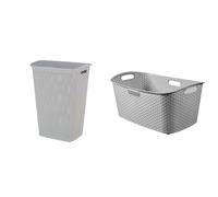 CURVER My Style Rattan Effect Bathroom, Utility Rectangular Laundry Hamper 55 Litre and Laundry Basket 47 Litre Set ? Grey