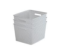 Curver My Style Rattan Effect Set of 3 Kitchen, Living Room, Bathroom, Bedroom, Utility Large Rectangular Storage Baskets 18 Litres - Light Grey