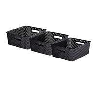 Curver My Style Rattan Effect Set of 3 Kitchen, Living room, Bathroom, Bedroom, Utility Medium Rectangular Storage Baskets 12 Litres - Anthracite, Dark Grey (L35.5cmX W29cm X H13cm)