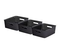 Curver My Style Rattan Effect Set of 3 Kitchen, Living room, Bathroom, Bedroom, Utility Medium Rectangular Storage Baskets 12 Litres - Anthracite,