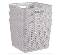 Curver My Style Rattan Effect Set of 3 Kitchen, Living room, Bathroom, Bedroom, Utility Square Storage Baskets 25 Litres - Light Grey