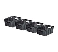 Curver My Style Rattan Effect Set of 4 Kitchen, Living room, Bathroom, Bedroom, Utility Small Rectangular PlasticStorage Baskets 4 Litres - Anthracite, Dark Grey
